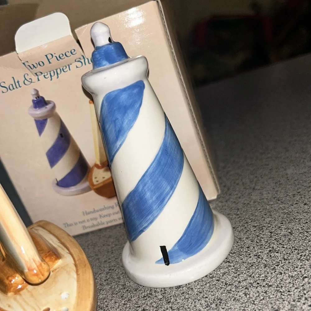 NWT Sakura Ceramic Sailboat and Lighthouse Salt and Pepper Shakers nautical